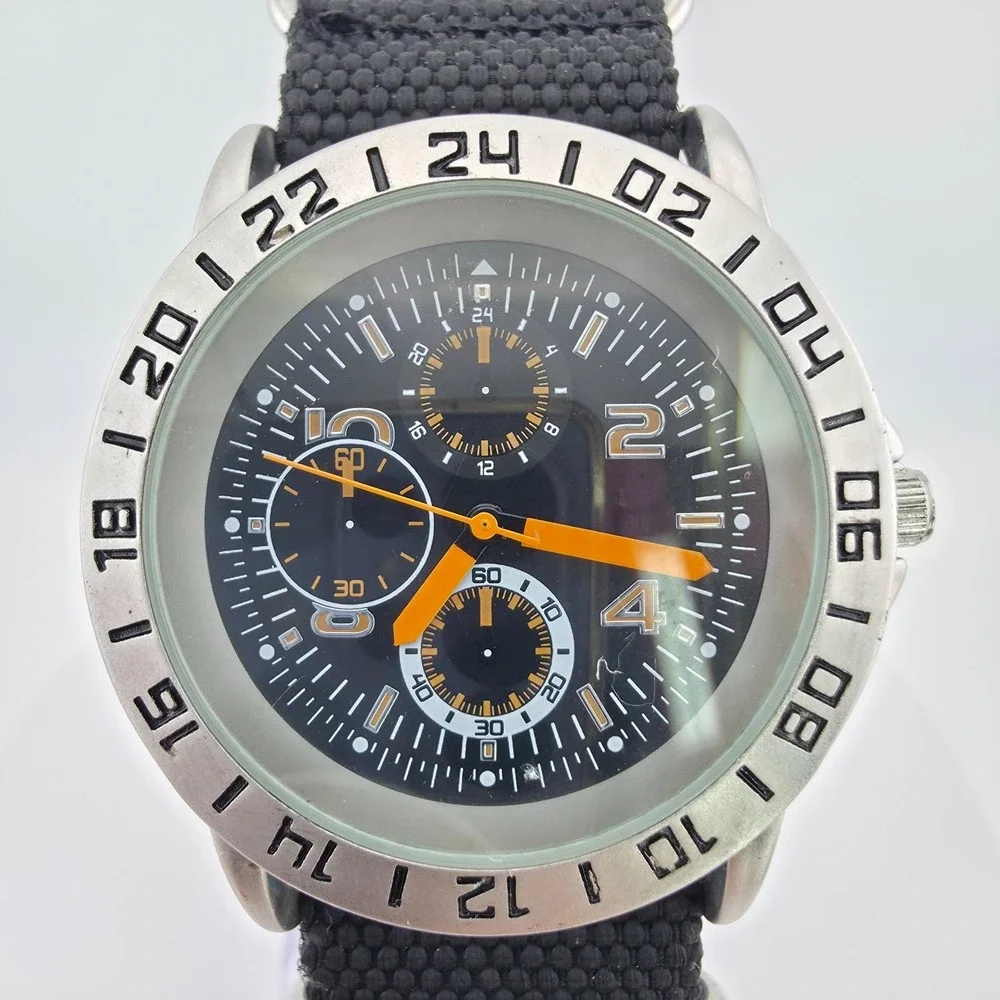 Men's Watch Sport Stainless Steal Case 24hr Military Bezel Black Band 9